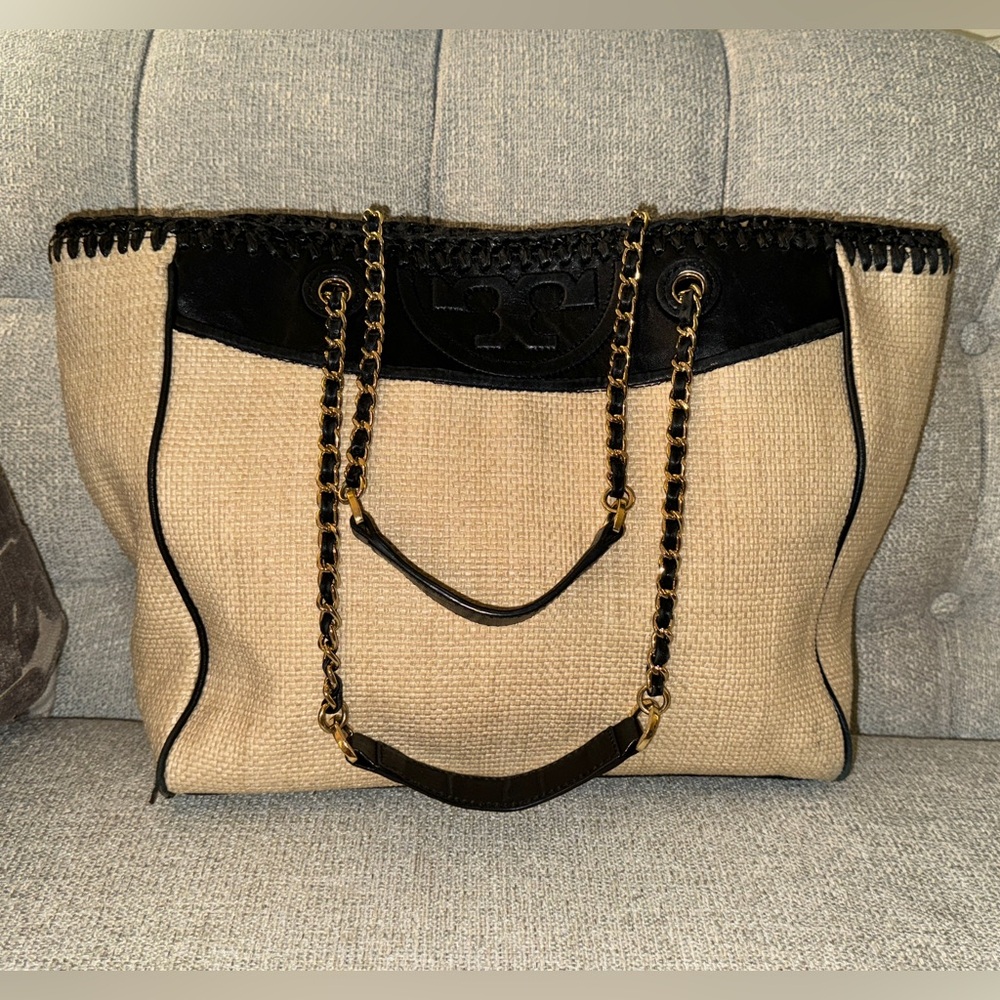 Tory Burch Fleming Raffia Black & Beige Tote - Picture 3 of 12